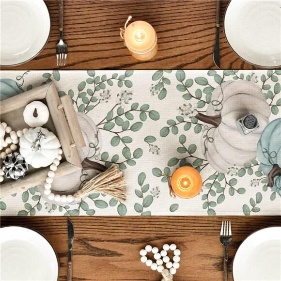 Pumpkins & Eucalyptus Leaves Fall Table Runner, 13x72 Inch, Thanksgiving Decor - Picture 4 of 7